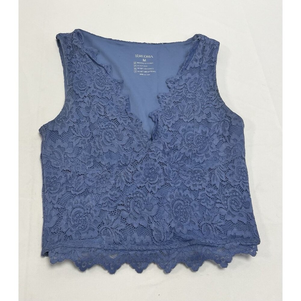 Reoria Blue Cropped Tank Top Lace Overlay Size M Small V Neck 💙 - Picture 2 of 5